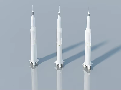 Three White Rocket Models Standing Side by Side on Light Blue Background with Reflections 3d model