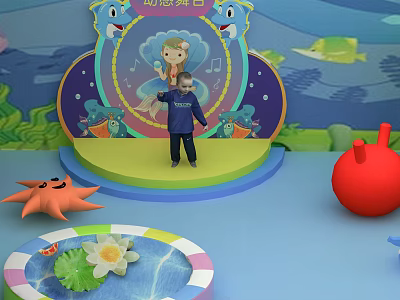 Man Holding Little Girl On Colorful Stage With Cartoon Dolphins Starfish And Lotus Pond 3d model