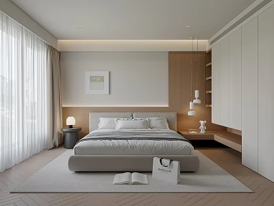 Modern Bedroom Interior Design With Large Bed White Curtains Wooden Elements And Wardrobe 3d model