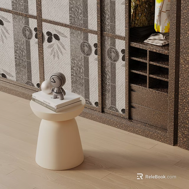 White Side Table with Small Decor Item on Top and Patterned Screen Wooden Floor 3d model 
