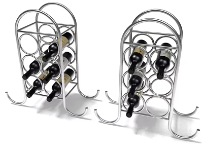 Two Modern Metal Wine Racks Holding Multiple Wine Bottles in Circular Frame Design 3d model