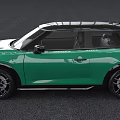 Green Mini John Cooper Works Hatchback With Black Roof Circular Headlights And Sporty Wheels