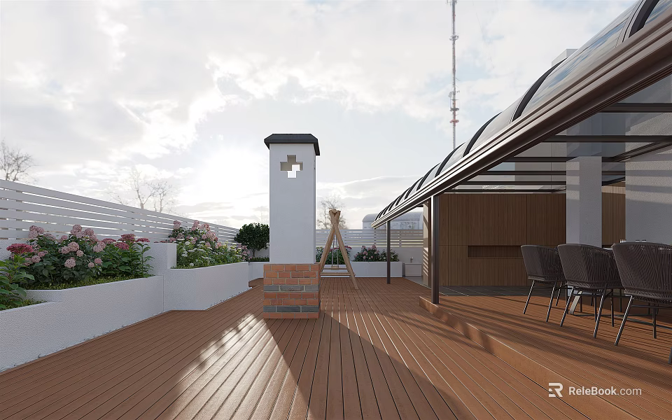 Roof Terrace With Wooden Flooring White Low Walls Green Plants And Glass Awning 3d model 