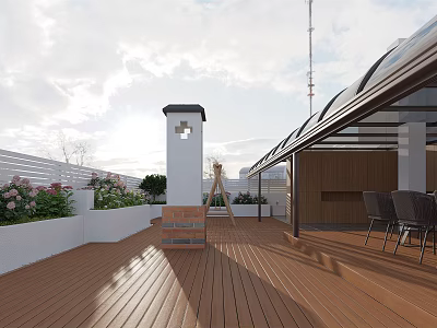 Roof Terrace With Wooden Flooring White Low Walls Green Plants And Glass Awning 3d model