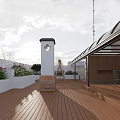 Roof Terrace With Wooden Flooring White Low Walls Green Plants And Glass Awning