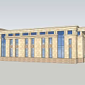 Symmetrical Government Building Exterior With Glass Windows Red Emblem And Front Steps