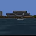 Modern Office Building Featuring Glass Curtain Walls Stone Facade Terrace Plaza and Waterfront Walkway