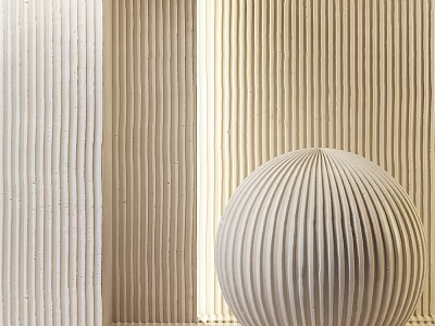 Carved Spherical Sculpture with Vertical Ribbed Texture Against Light Beige Striped Walls 3d model
