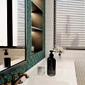 Elegant Bathroom With Green Mosaic Tile Wall Black Vanity Marble Countertop Blinds And White Bathtub