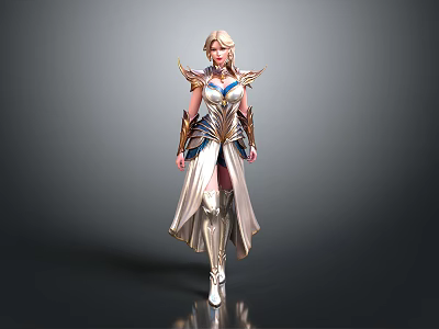 Blonde Woman In Elaborate Golden Armor With Blue Accents And Shoulder Plates 3d model