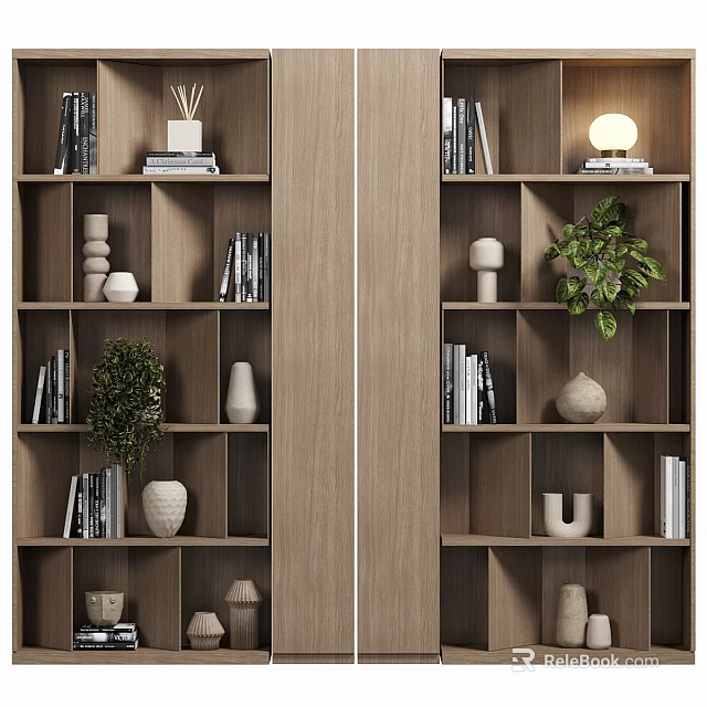 Wooden Bookshelf Interior With Layered Shelves Books Green Plants Vases Sculptures And Decorative Items 3d model 