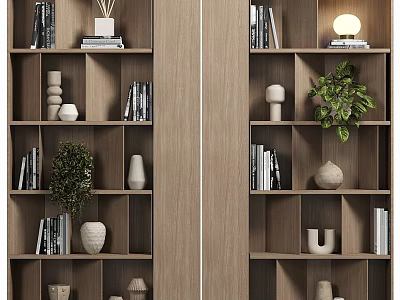 Wooden Bookshelf Interior With Layered Shelves Books Green Plants Vases Sculptures And Decorative Items 3d model