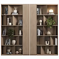 Wooden Bookshelf Interior With Layered Shelves Books Green Plants Vases Sculptures And Decorative Items