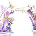 Elegant Decorative Butterfly Arch With Golden Butterflies Purple Blue Flowers And Intricate Floral Details