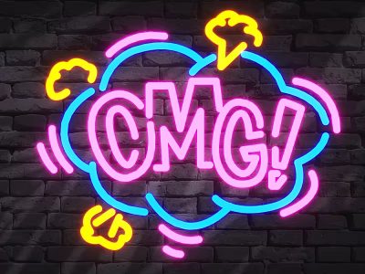 Neon Decorative Lights with CMG Lettering on Brick Wall and Yellow Blue Cloud Lightning Motifs 3d model