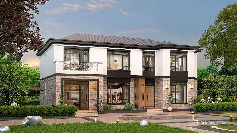 Two Story Detached Villa With White Exterior Dark Gray Roof And Front Lawn 3d model 