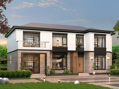 Two Story Detached Villa With White Exterior Dark Gray Roof And Front Lawn 3d model