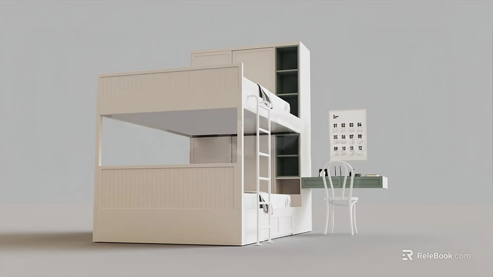 Modern White Bunk Bed With Desk Chair Bookshelf And Storage Space 3d model 