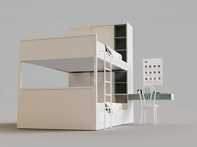 Modern White Bunk Bed With Desk Chair Bookshelf And Storage Space 3d model