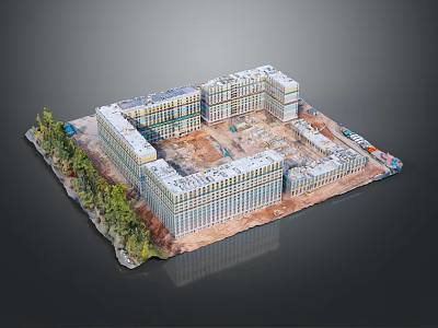 Architectural Model of Large Building Complex Under Construction With Surrounding Trees 3d model