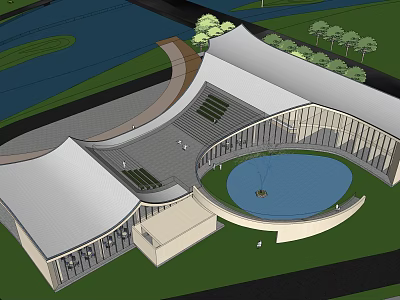 Modern Architectural Design With Curved Roof Circular Fountain And Green Lawn 3d model