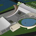 Modern Architectural Design With Curved Roof Circular Fountain And Green Lawn