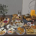 Assorted Breakfast Food Spread With Pastries Cakes Cookies Fruits Cheese And Juice