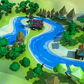 Vibrant Cartoon Scenic Landscape With Winding Blue River Lush Green Trees And Small Houses