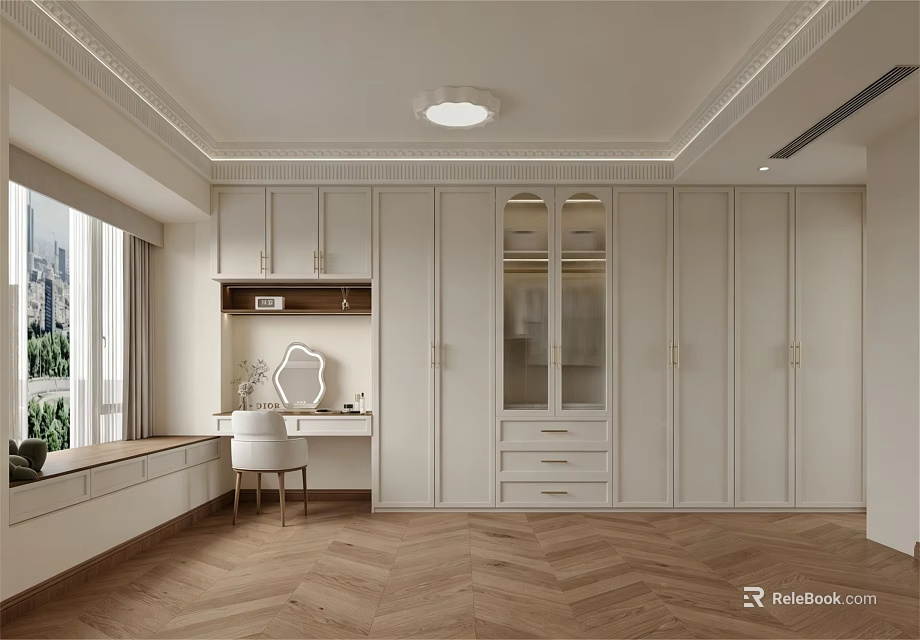 Elegant Modern Walk-in Closet Interior With White Cabinets Glass Doors Dressing Table And Herringbone Floor 3d model 