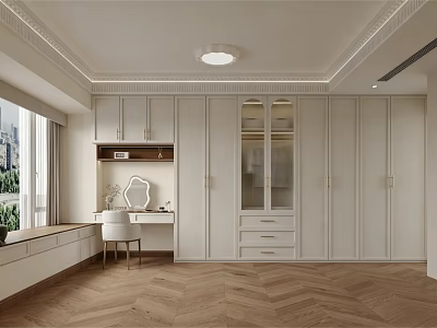Elegant Modern Walk-in Closet Interior With White Cabinets Glass Doors Dressing Table And Herringbone Floor 3d model