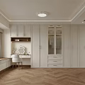 Elegant Modern Walk-in Closet Interior With White Cabinets Glass Doors Dressing Table And Herringbone Floor