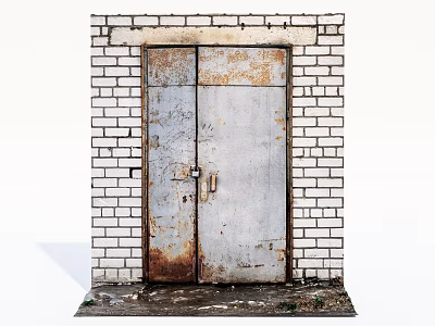 Rusted Weathered Double Doors On White Brick Wall With Ground Weeds 3d model