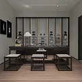 Modern Interior With Light Blue Display Cabinet Black Table Black Framed Paintings And Floor Lamp