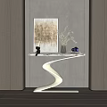 Console Table With Marble Top Gold Spiral Base Sculpture Dried Pampas Grass Camera And Artwork