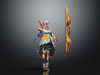 3D Render Fantasy Character With Purple Hair And Flaming Bow In Ornate Costume Back View 3d model