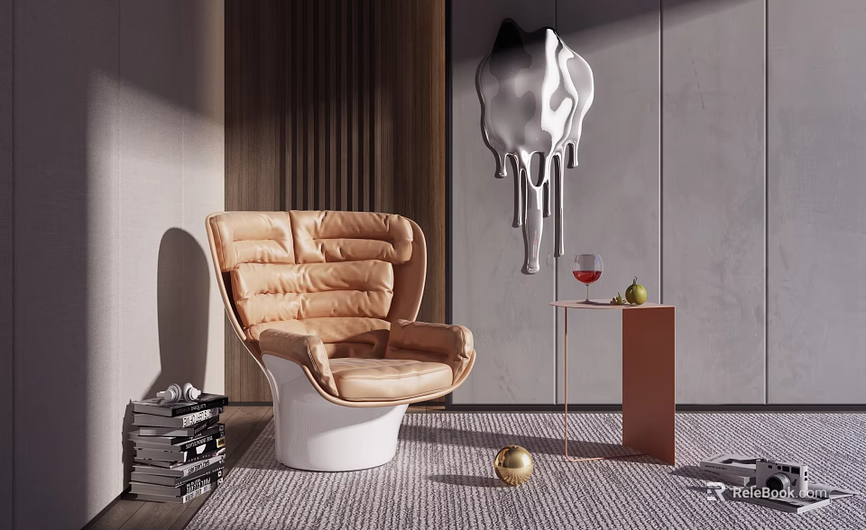 Tan Leather Single Sofa with Side Table Red Wine Glass and Modern Artwork on Rug 3d model 