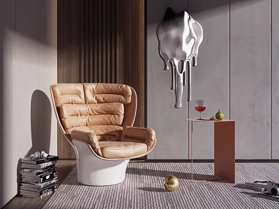 Tan Leather Single Sofa with Side Table Red Wine Glass and Modern Artwork on Rug 3d model