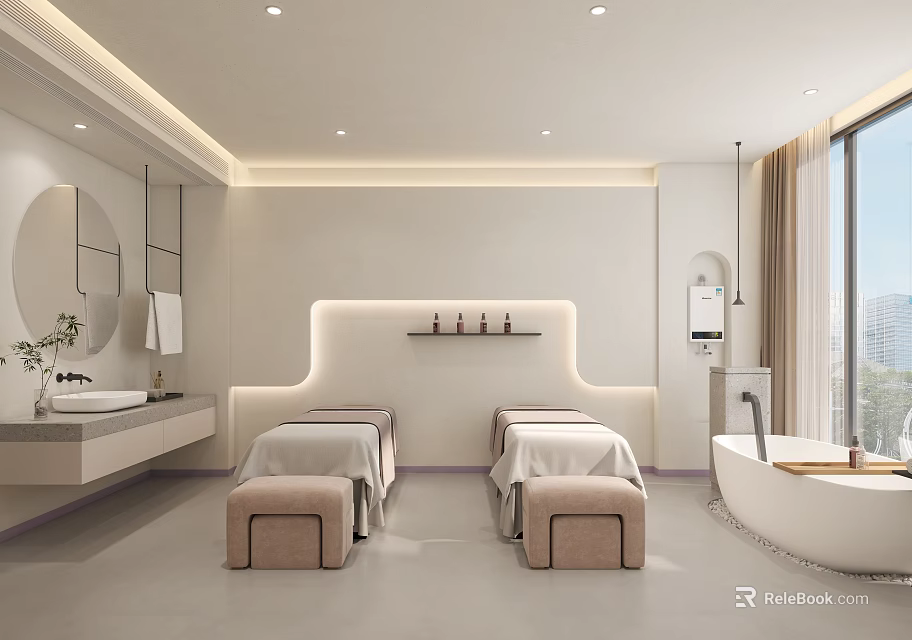 Modern Minimalist SPA Room With Treatment Beds And Bathtub 3d model 
