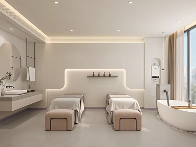 Modern Minimalist SPA Room With Treatment Beds And Bathtub 3d model