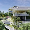 Modern Sales Office Building Surrounded By Lush Trees And Landscaped Walkways