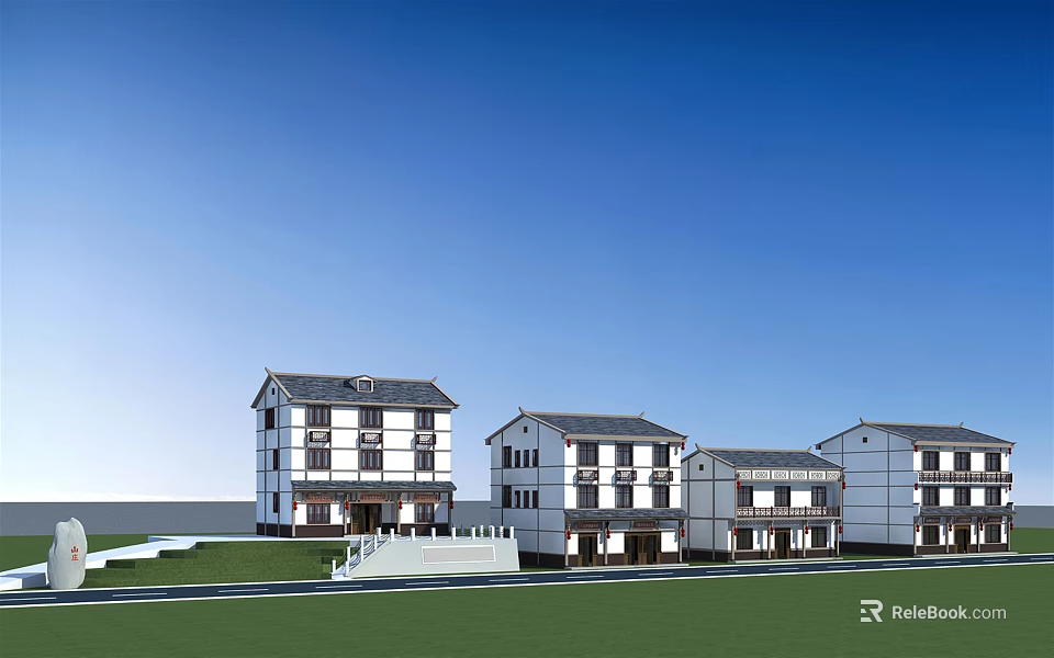 Modern White Residential Buildings With Gray Roofs Green Lawn And Road Under Blue Sky 3d model 