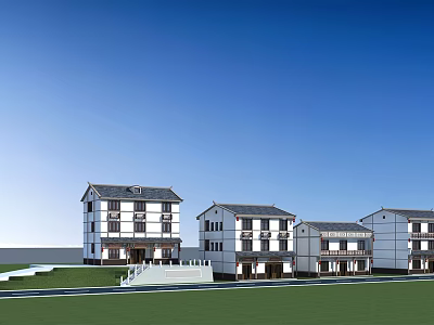 Modern White Residential Buildings With Gray Roofs Green Lawn And Road Under Blue Sky 3d model