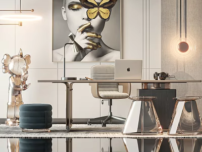 Elegant Modern Home Office Interior With Desk Chair Laptop Artwork And Lighting Decor 3d model
