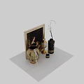Elegant Decorative Ornament Set With Framed Painting Beige Vase Golden Candlestick And Black Vase