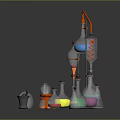 Colorful Electronic Lab Testing Equipment With Metal Stands On Reflective Black Surface