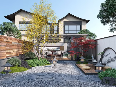 Traditional Courtyard Garden With Stone Path Wooden Fence And Red Maple Trees 3d model