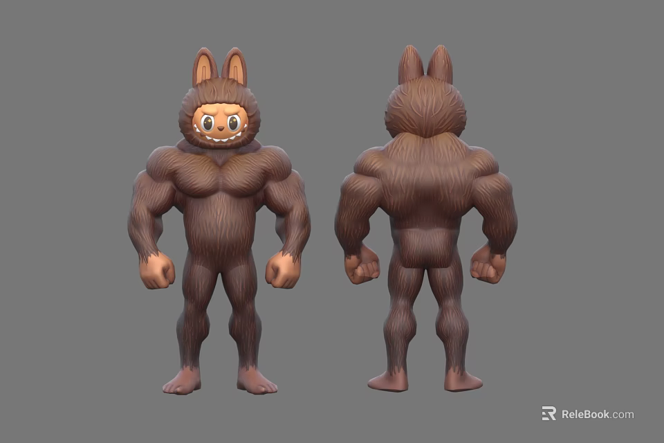 Muscular Furry Animal Shaped Plush Doll With Ears Front And Back Views 3d model 