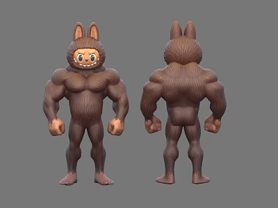 Muscular Furry Animal Shaped Plush Doll With Ears Front And Back Views 3d model