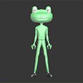 Green Frog Doll with Big Eyes and Human Like Body Standing on Dark Background