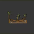 Cartoon Beach Scene With Palm Trees Rocks Small Boat Wooden Dock And Barrels